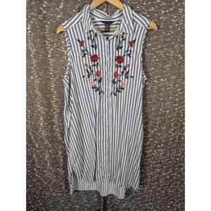 Terre Bleue Striped Floral Embroidered Shirt Dress w/pockets‎ Women's Size Large